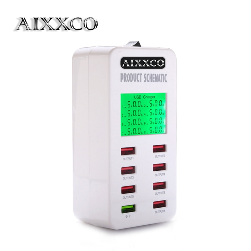 Pantalla de pantalla de carga rápida AIXXCO QC3.0, adaptador de cargador USB inteligente de 8 puertos, cargador de escritorio, cargador de viaje para teléfono móvil QC2.0