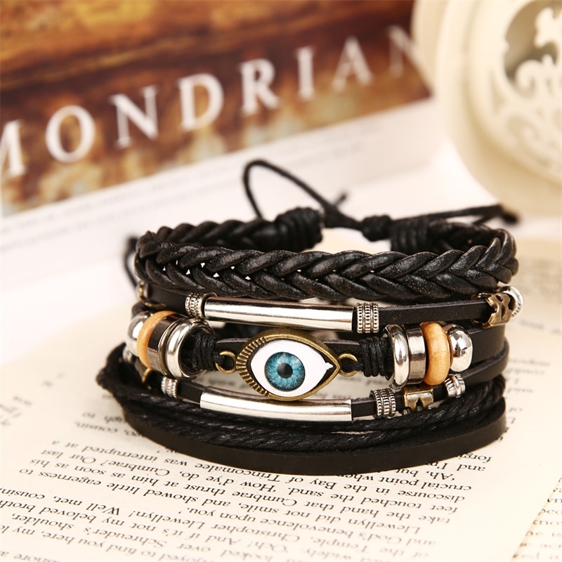 Ifmia justerbart flerlags læderarmbånd mænd håndlavet reb horn blad fjer sæt armbånd armbånd smykker
