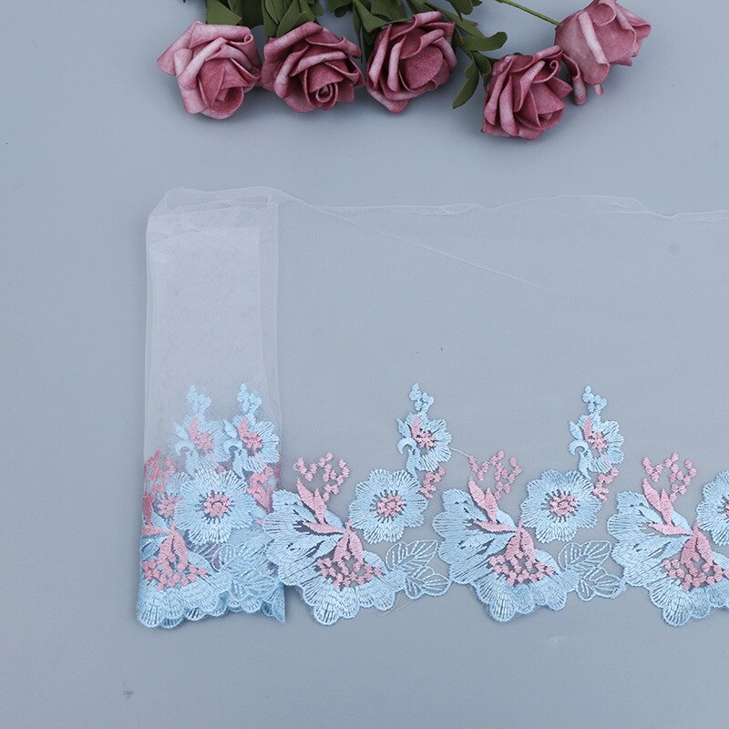 Tela de encaje de flores bordadas de 91cm, cinta de encaje azul de 20cm, ribete de costura de guipur, vestido de boda, vestidos de tela de encaje artesanal LP34 1 yardas