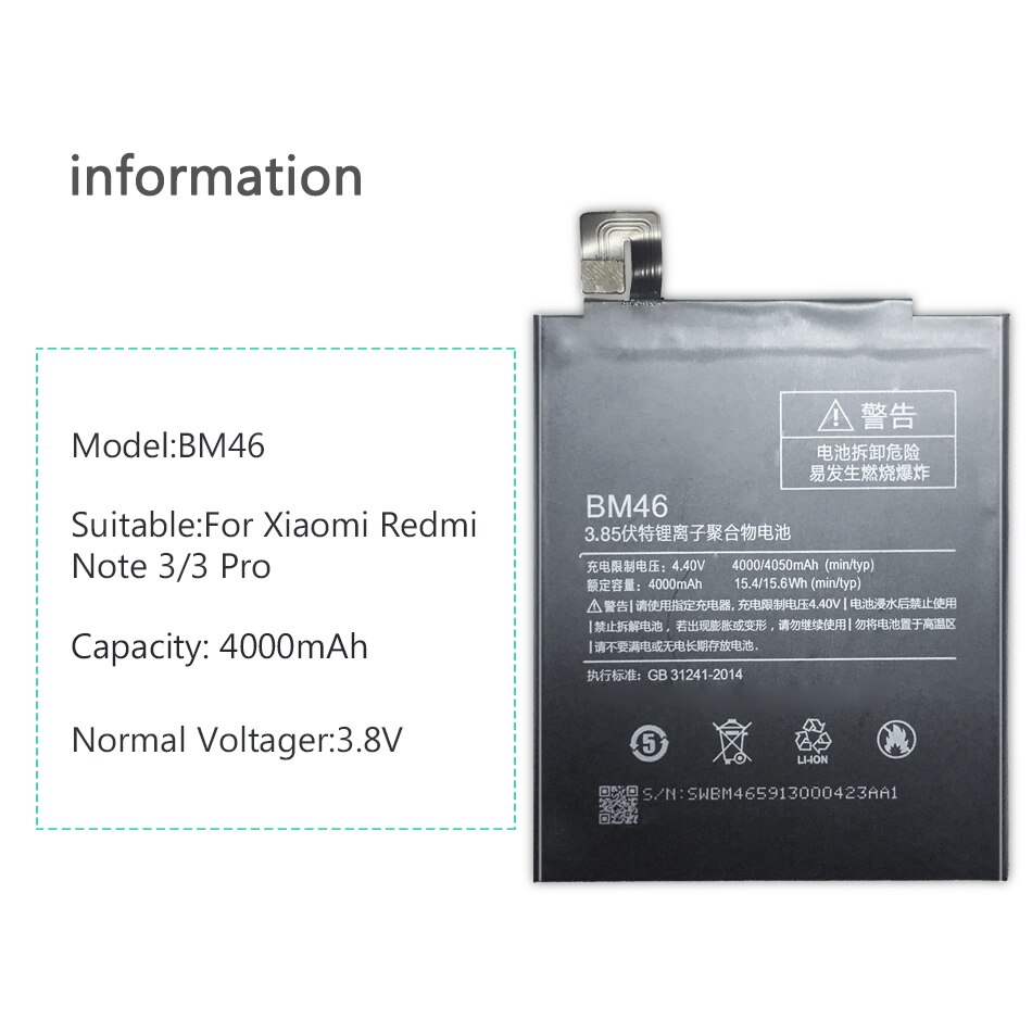 BM46 Batterij Voor Xiaomi Redmi Note 3 Note3 4000Mah Mobiele Telefoon Vervangende Oplaadbare Polymeer Li-Ion Batterij