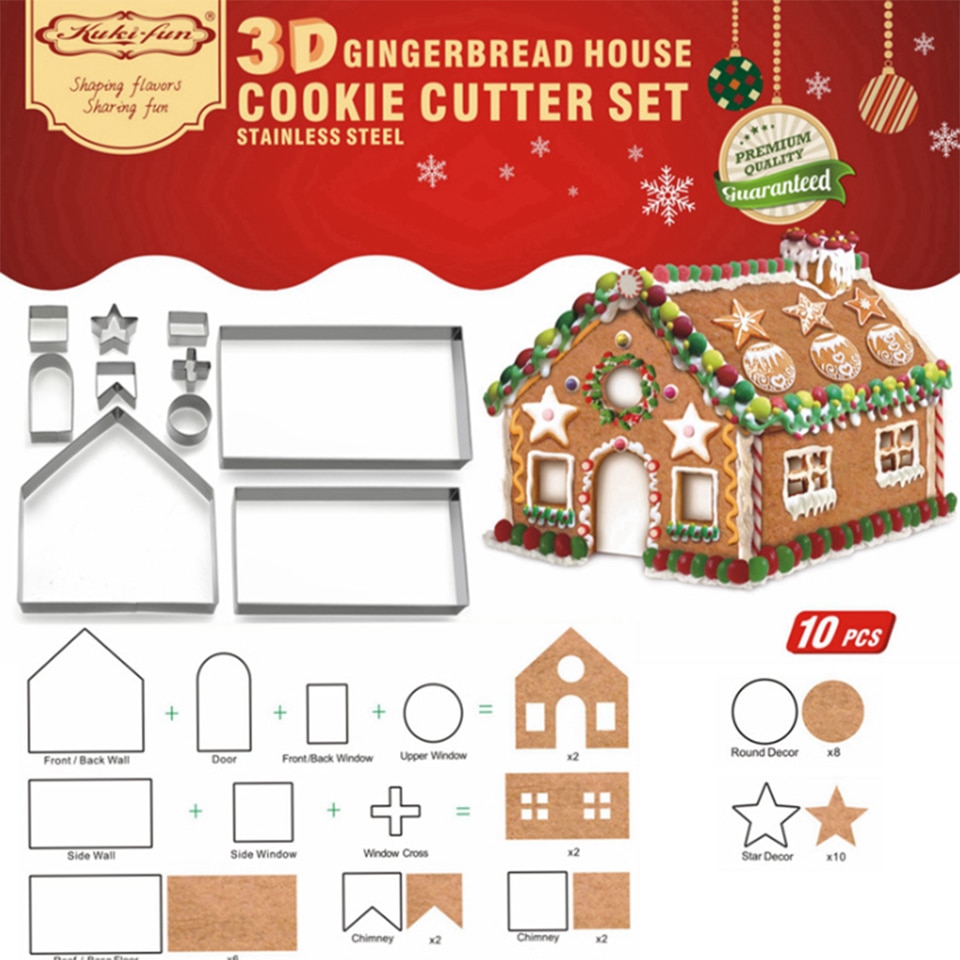 Transhome 10 pcs Kerst Huis 3D Rvs Scenario Gingerbread Cookie Cutter Set Biscuit Mold Fondant Cake Mallen