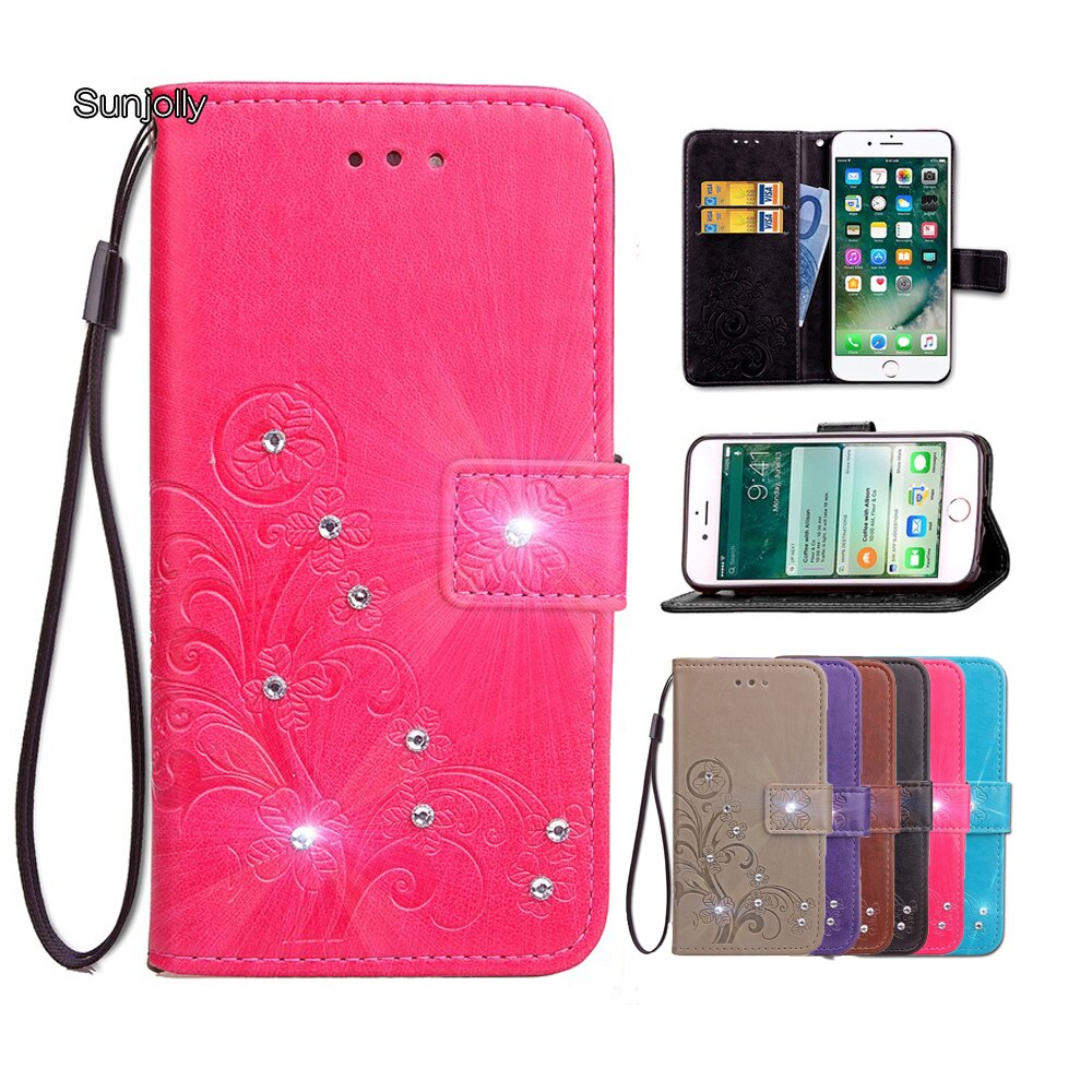 Sunjolly Case voor Huawei Honor 8C Lanyard Gras Rhinestone Flip Wallet Telefoon Cover coque voor Huawei Honor 8C Case Cover capa