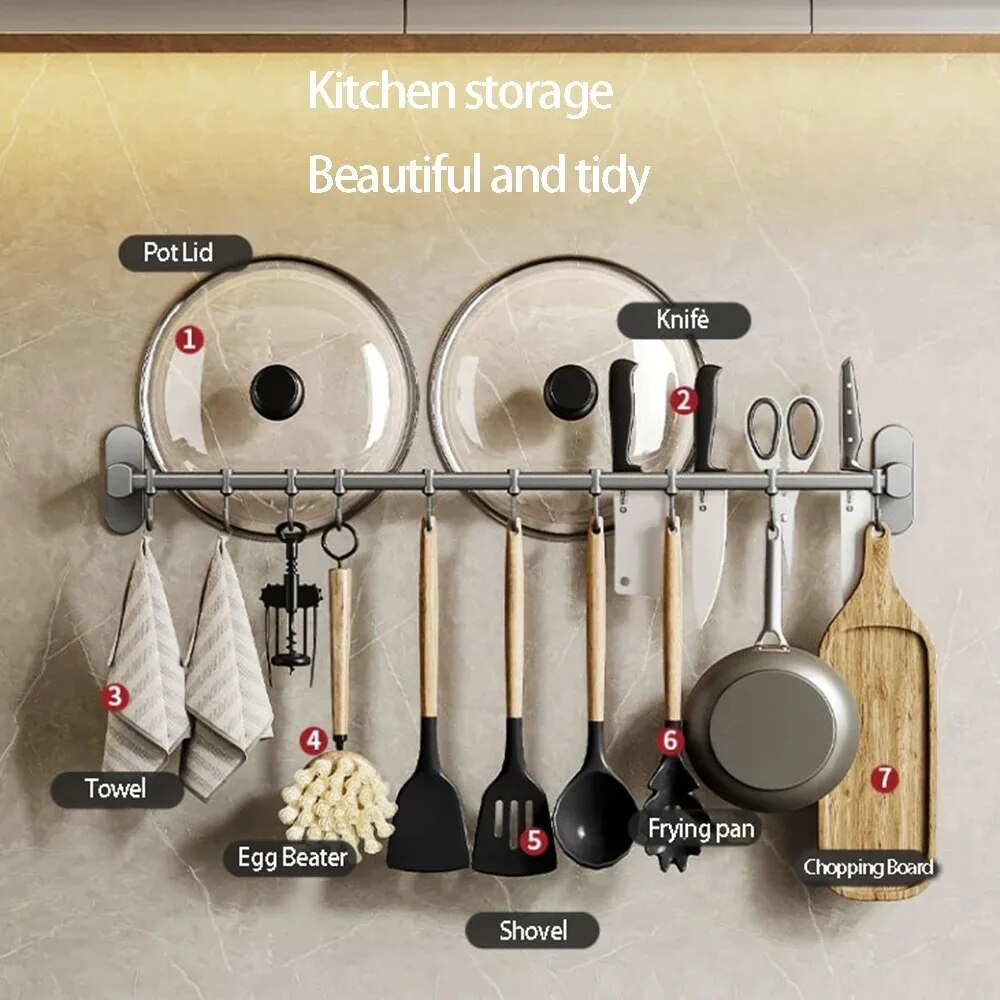 Ganchos organizadores de cocina, colgadores de pared, estante para utensilios de cocina, soporte para cuchillos, tabla de cortar, tapa de cuchara, accesorios de almacenamiento sin taladro