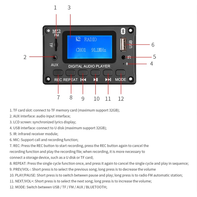 Carte décodeur MP3, lecteur MP3, Bluetooth 5.0, Module Audio, prise en charge WMA WAV TF USB, Radio FM, mains libres, DC5V 12V