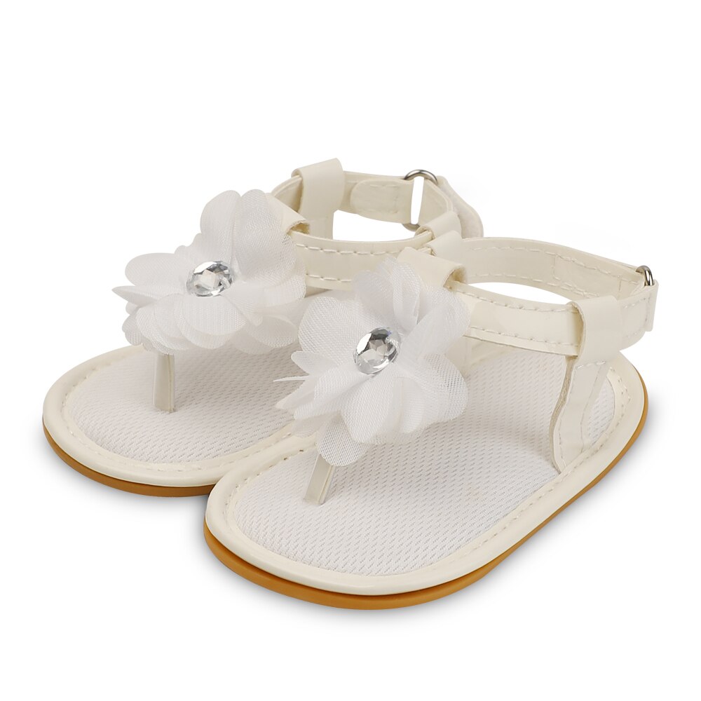 Sandales d'été pour bébés filles, chaussures en caoutchouc PU, semelle souple, bande de fleurs, parc, ramper, premiers pas, mignonnes: WHITE / 7-12 mois