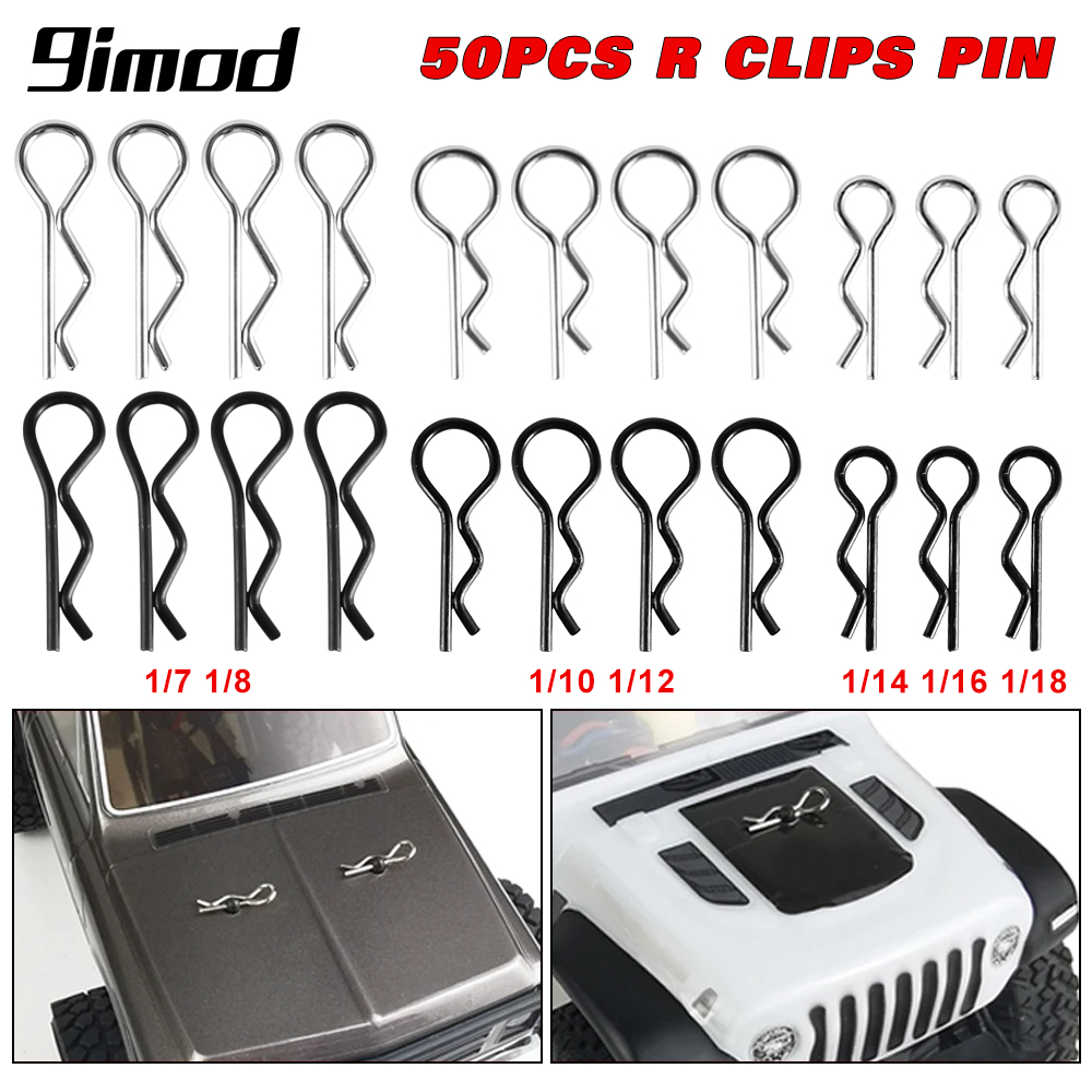 9IMOD 50 Uds Clips de carrocería RC 1/7 1/8 1/10 1/12 1/14 1/16 1/18 hebillas R de Metal coche camión Buggy Shell Pins piezas de coches RC