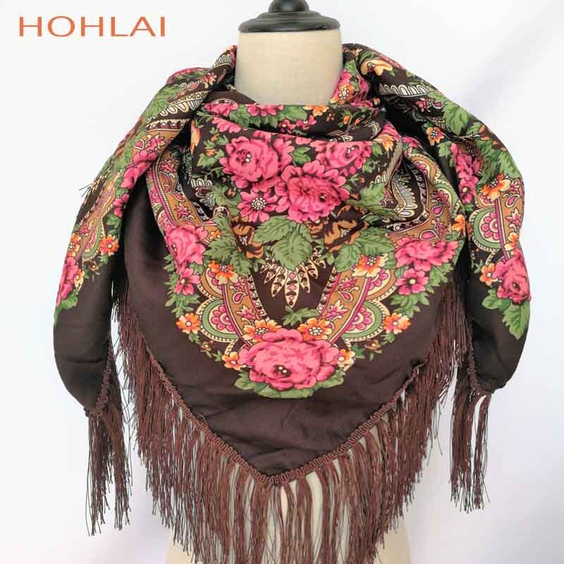 Vrouwen hart bedrukte kwast sjaals, russische grote maten bandana, warme poncho, stola sjaal: Bruin