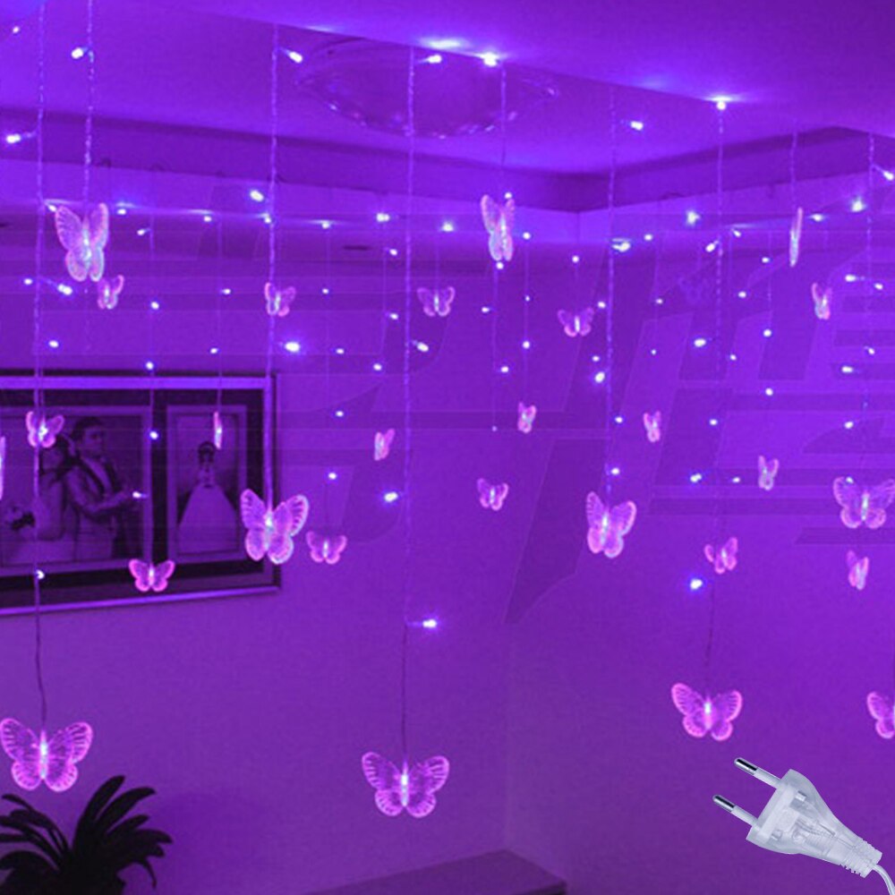 Guirnalda de mariposas LED rosa y morado, cortina de luces de hadas para habitación, sala de estar, hogar, decoración de boda, decoraciones para dormitorio