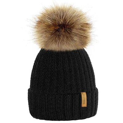 Ouder/kind dames mutsen warme winter pompom bont gebreide mutsen dames baby meisjes jongen bont pompom muts ski sneeuwmuts: Zwart / Kinderhoed