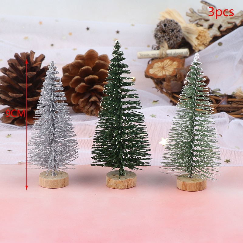 3 Stuks Kerstboom Mini Pijnboom Met Houten Basis Diy Thuis Tafel Top Decor Miniaturen S/L (7/9Cm)