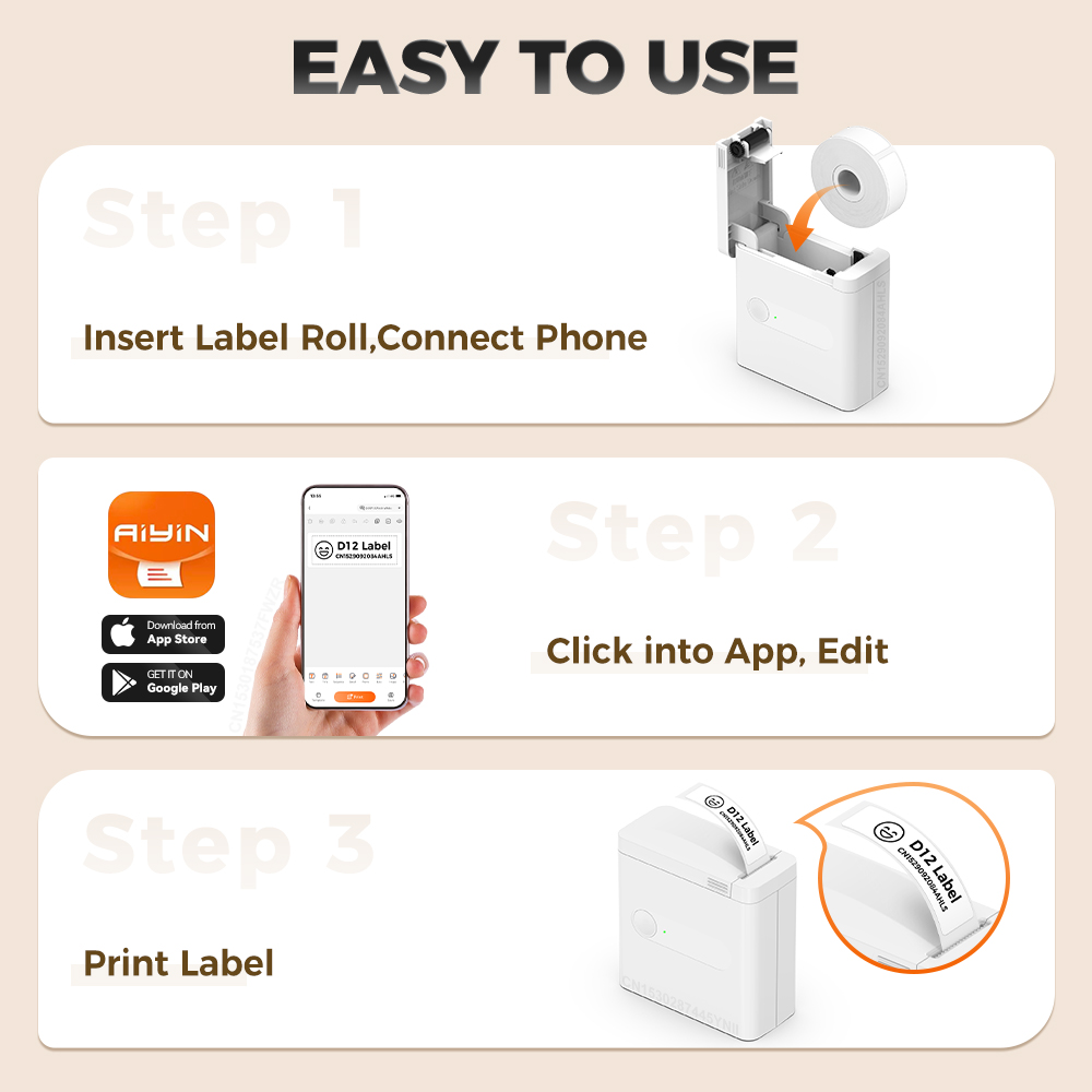 Wireless Thermal Printer D12 Portable Inkless Mini Label Printer D12 Labeling Machine DIY Label Paper or 1PK Printing Sticker