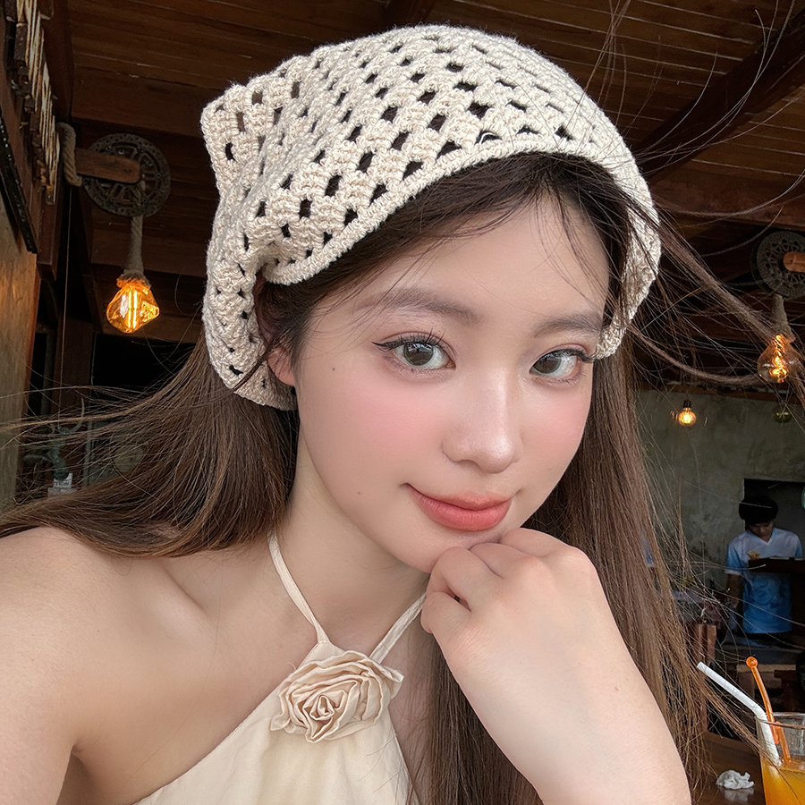 Francês oco triângulo bandana toalha para mulheres bege crochê headbands bandana verão viagem literária foto lenço de cabelo bandas