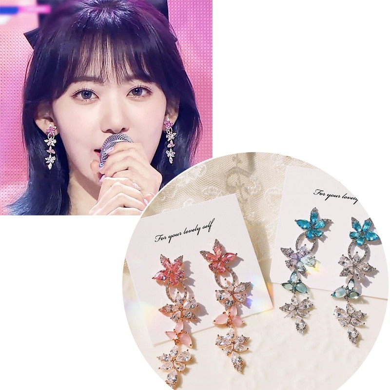 Mengjiqiao koreansk lyserød blomst krystal bladdangle øreringe til kvinder piger udsagn temperament fest smykker