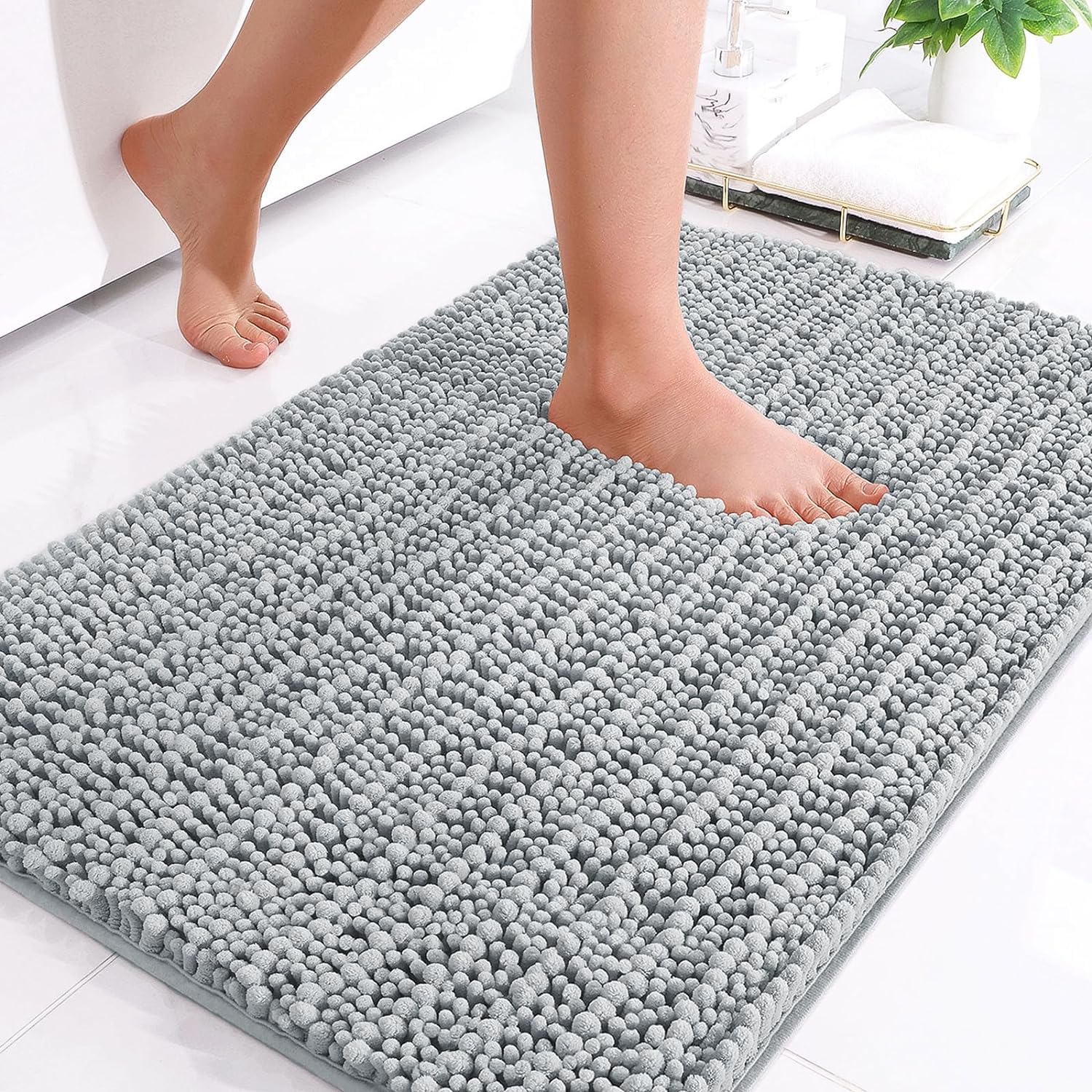 Hapihappy Chenille Bath Mat Luxury Bath Mat Soft Thick Absorbent Bathroom Mat Non-Slip Machine Wash Plush Bath Mats for Bathroom: 600MMx600M / GRAY