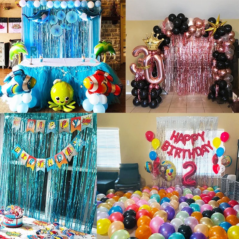 Verjaardagsfeest bruiloft decoratie achtergrond gordijnen glitter glanzende franjes lametta foliegordijn babyshower jubileum