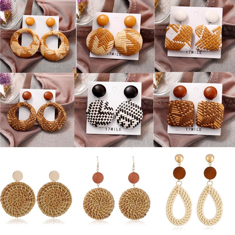 Donarsei-pendientes étnicos de ratán y leopardo para mujer, aretes colgantes de madera, geométricos, bohemios, hechos a mano