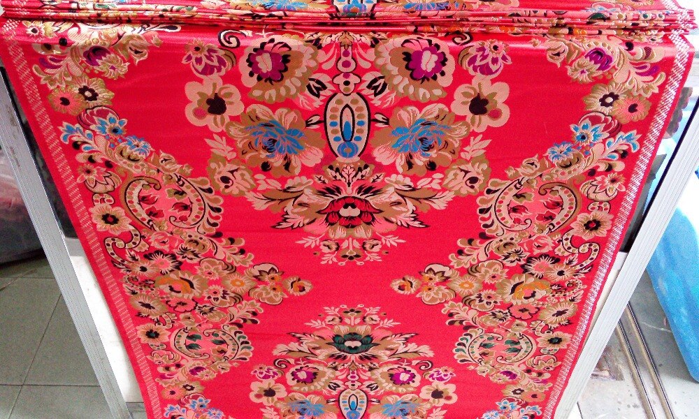 chinese traditional 75CM Polyester fabric silk brocade cheongsam red back with big Positioned red gold green blue white pattern