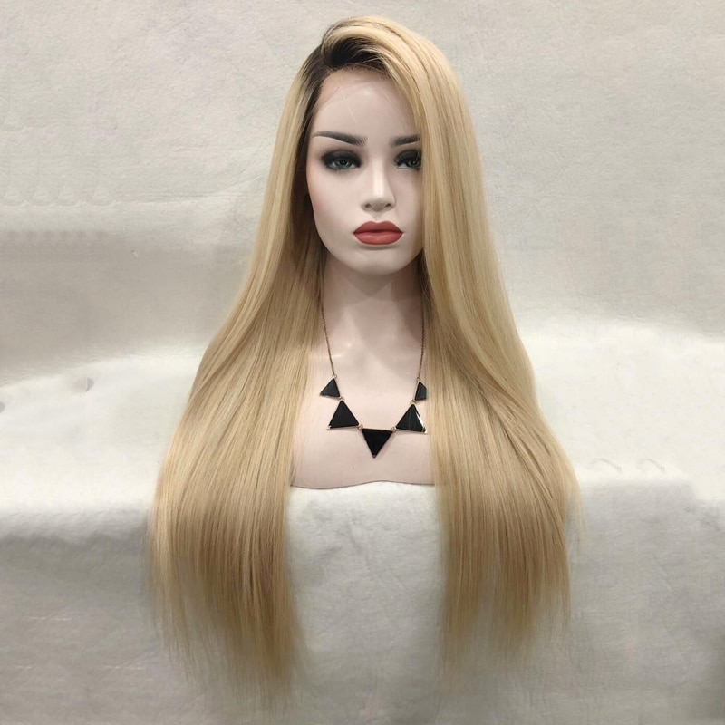 Peluca de pelo largo liso carisma Rubio degradado, peluca sintética con malla frontal, con raíces negras, malla con división lateral, peluca con malla frontal s para mujer