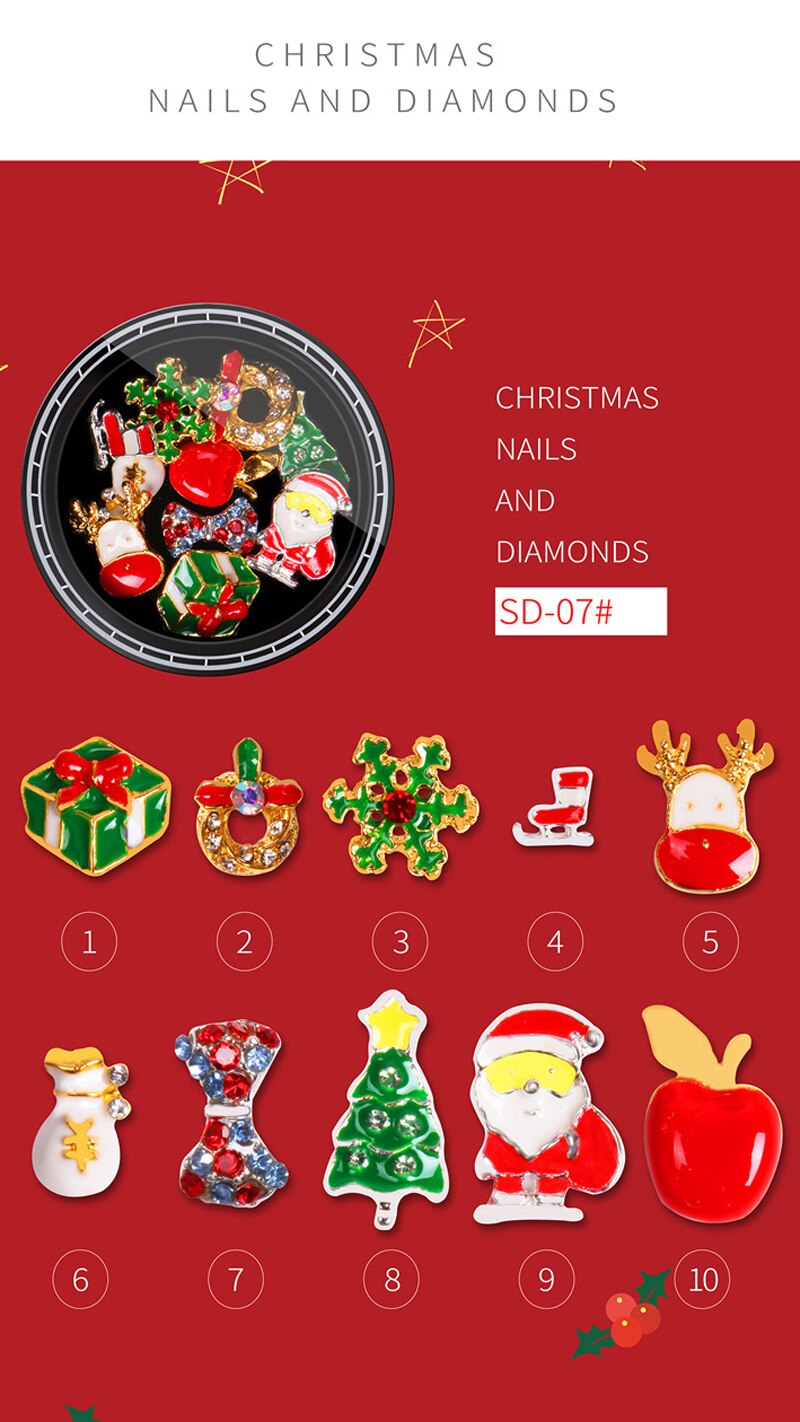 Boxed Sneeuw Kerst Nail Decoraties Manicure 3D Kerstboom Kerstman Rendieren Krans Lint Nail Art Decals Gereedschap Vlokken: 07