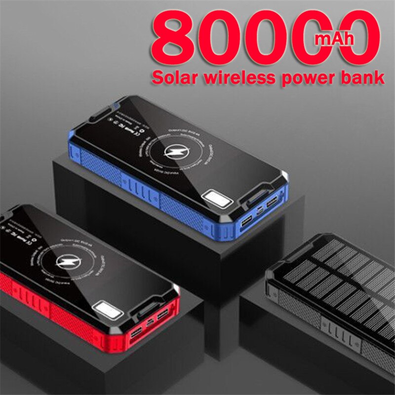 Solar Wireless Power Bank 80000mAh Portable Phone External Charger Solar Battery Pack Wireless Charging Outdoor Travel Powerbank