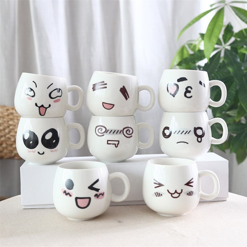 320ml roliga söta ansiktsmuggar vit keramik keramisk kopp te kaffe mjölk mugg med handtag
