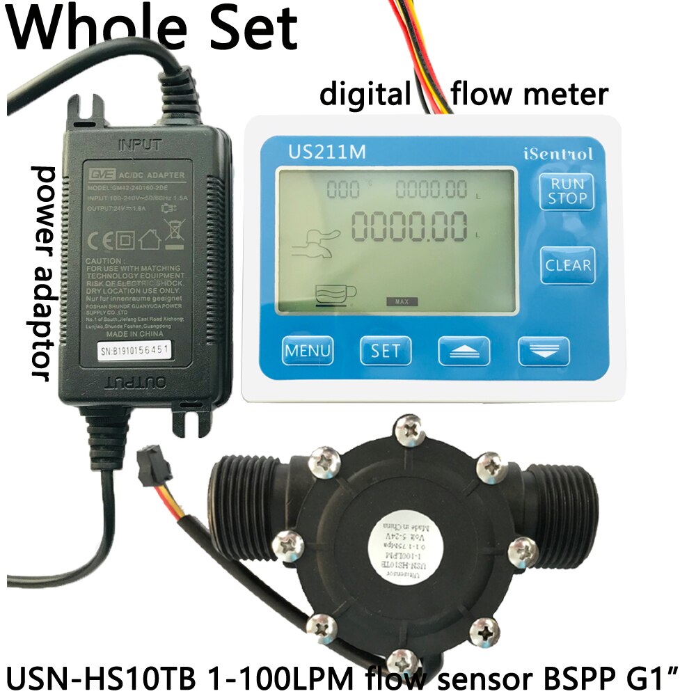 US211M Digital Flow Sensor Meter & USN-HS10TB PA66 Nylon and Fibre Glass Hall Flow Sensor Measurement 1-100L/minBSPP G1" Dijiang