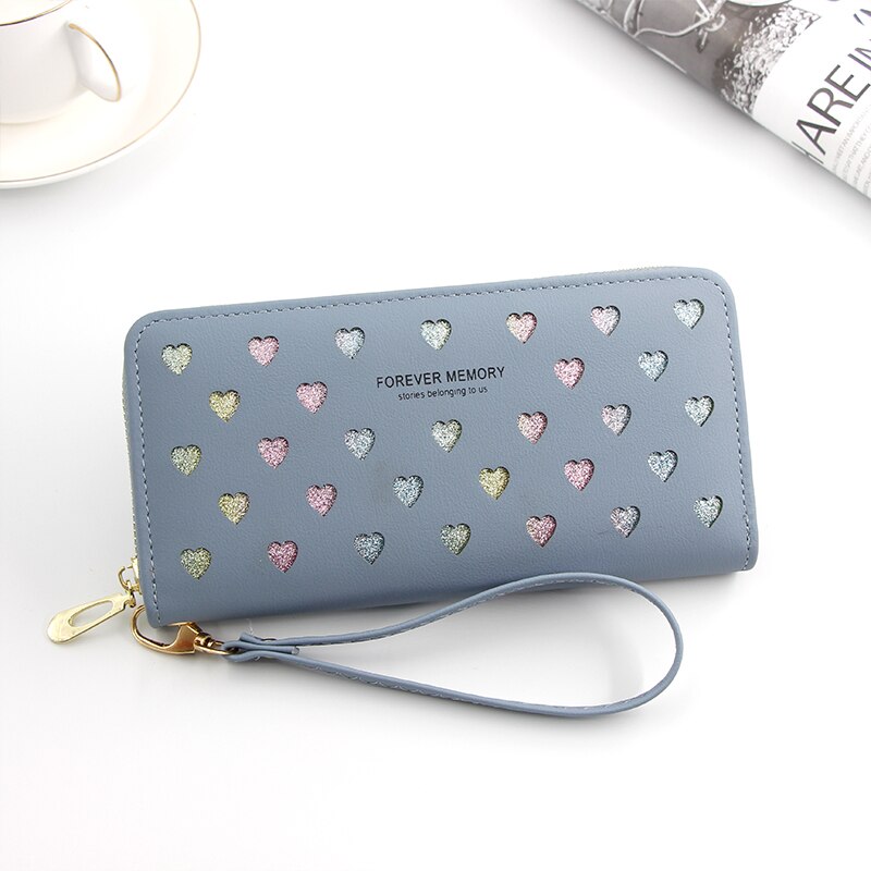 Women Wallet Long Pu Leather Love Heart Cute Purse for Phone High Capacity Card Holder Clutch Wallets Carteira Feminina: Blue