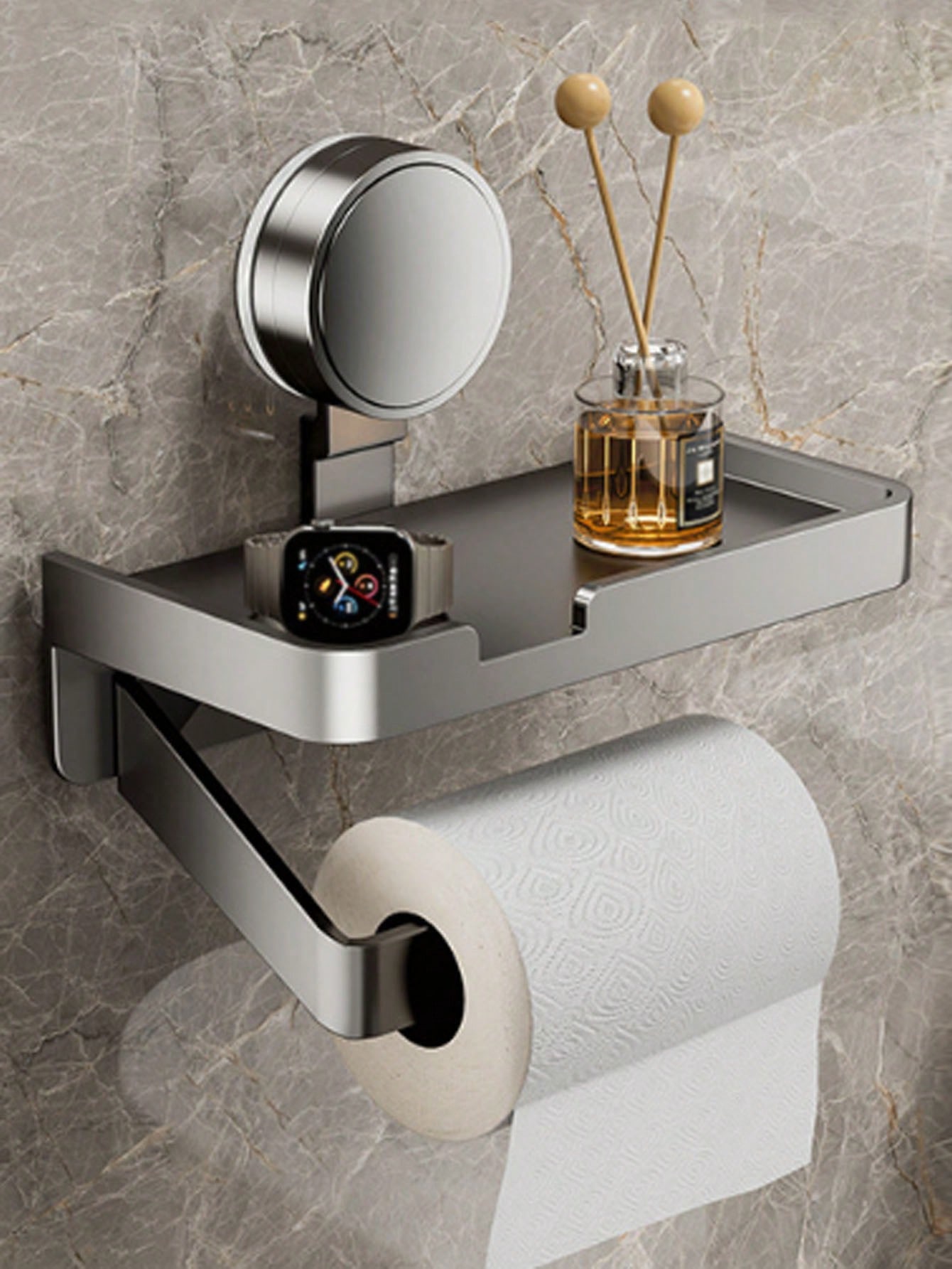 Toiletpapirholder, vægmonteret papirrulleholder med selvklæbende eller skruede kanter, multifunktionel badeværelsesopbevaringsfordeler