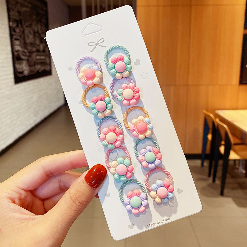 Bandas Elásticas pequeñas para el cabello para niñas, accesorios para el cabello de , lazo para el cabello con flores de dibujos animados, 10 unids/set: Azul cielo