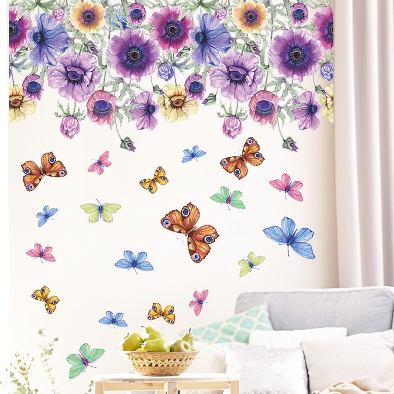 Purple Daisy Flower Butterfly Wall Stickers Bedroom Living Room Dining Room Home Wall Decor Wallpaper Purple Flower Wall Sticker