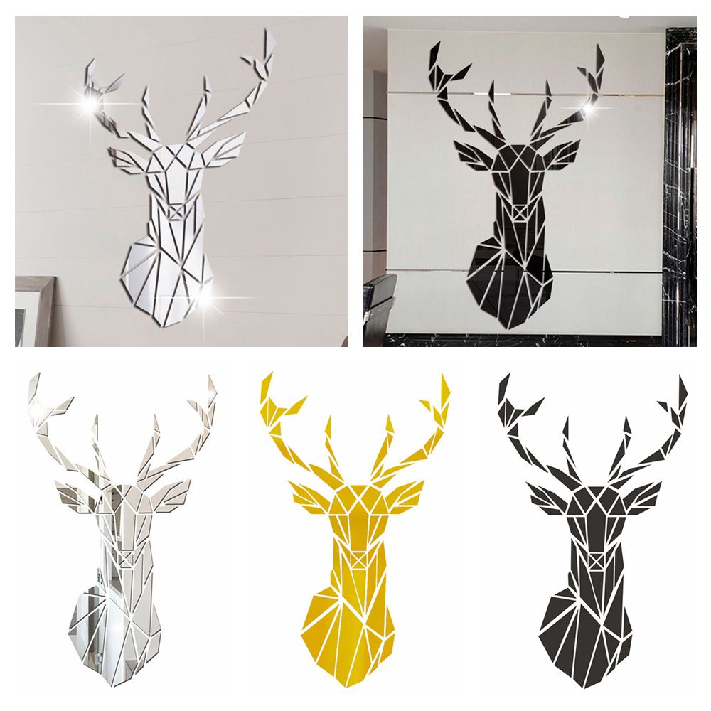Autocollants tête de cerf 3D auto-adhésifs de Style moderne, plusieurs tailles, Stickers de Surface de miroir d&#39;art Mural de salon