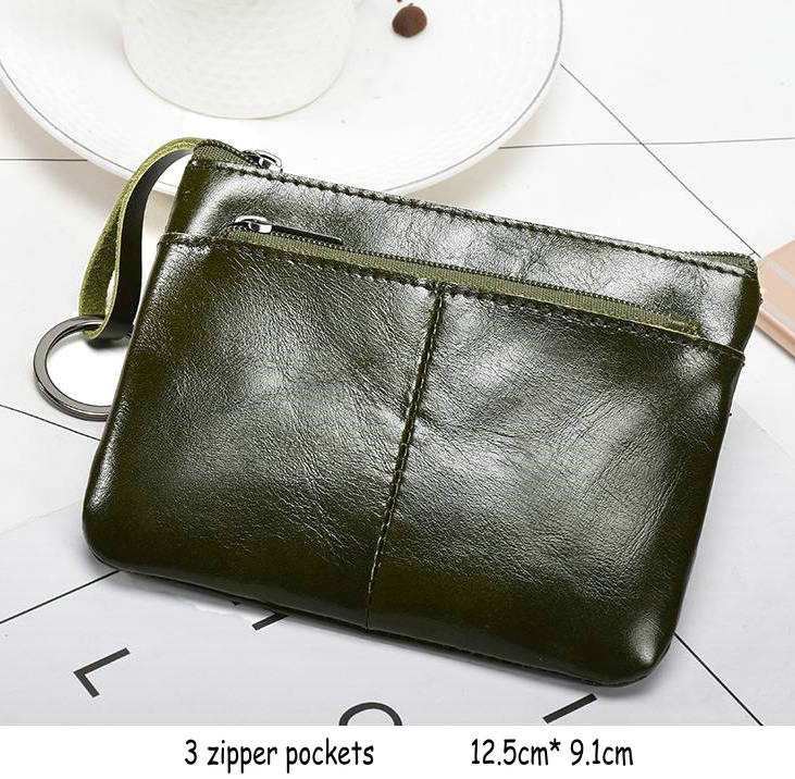 GENODERN-monedero pequeño de cuero genuino para hombre y mujer, Mini cartera con anilla para llave, tarjetero: 3 zipper green