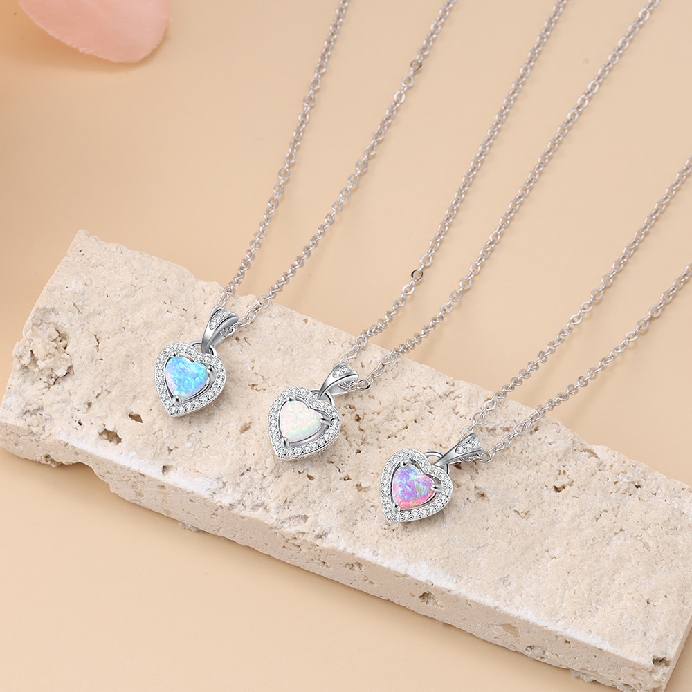 Collares y colgantes de ópalo blanco, rosa y azul en forma de corazón de Plata de Ley 925 con Circonia cúbica, de joyería fina (Lam Hub Fong)