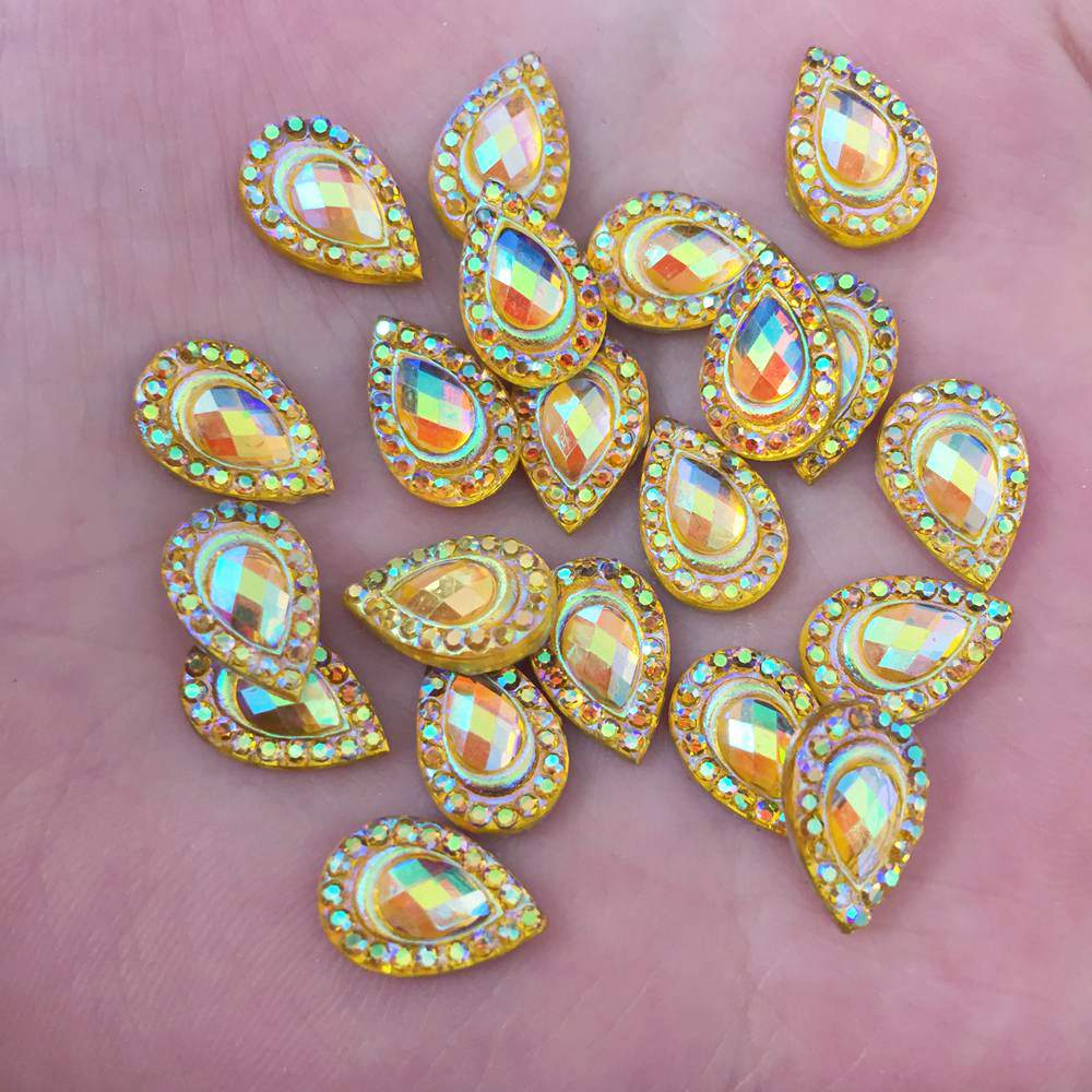 100 stks AB Hars 7*12mm Pauw Teardrop Plaksteen strass Bruiloft Versiering diy applicaties SK21 * 2: Yellow