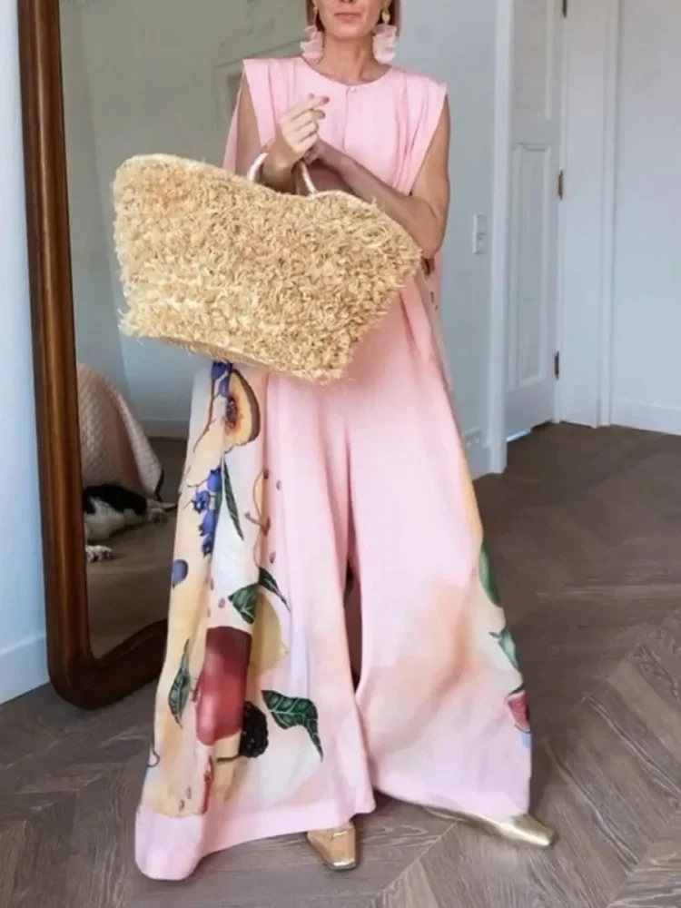 Lemongor-monos rosas para mujer, trajes de una pieza elegantes sin mangas con estampado de pierna ancha y holgado, para ir al trabajo, novedad de verano 2025
