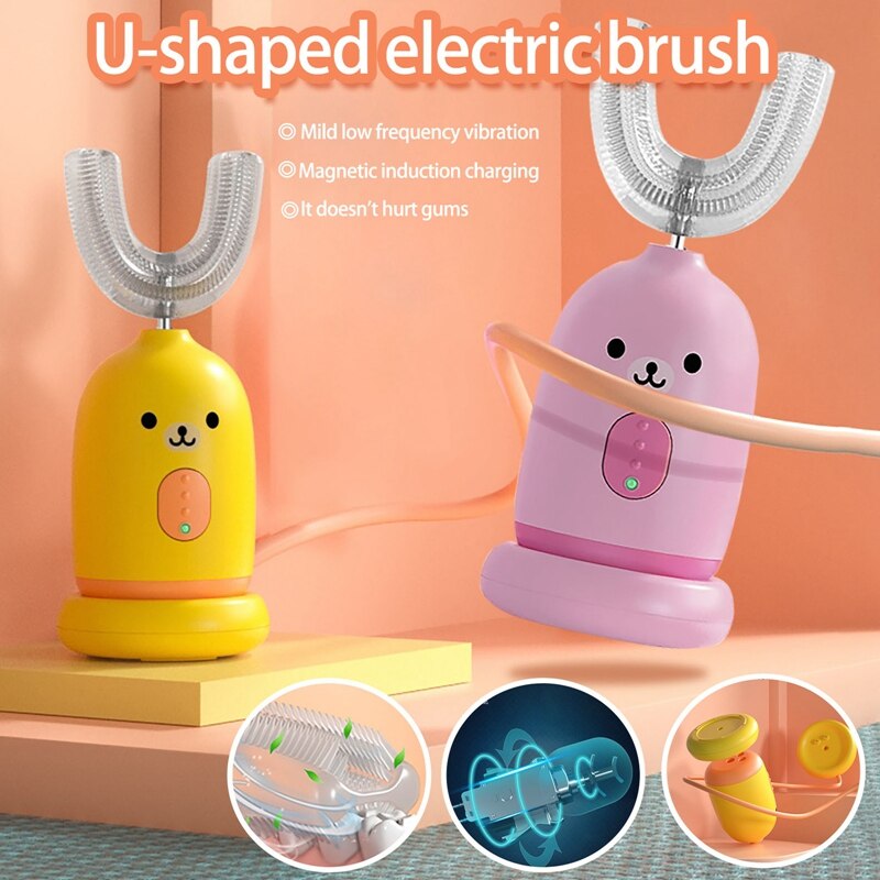 Børns s 360 graders elektrisk tandbørste usb genopladelig vandtæt u-formet børns silikontandbørste