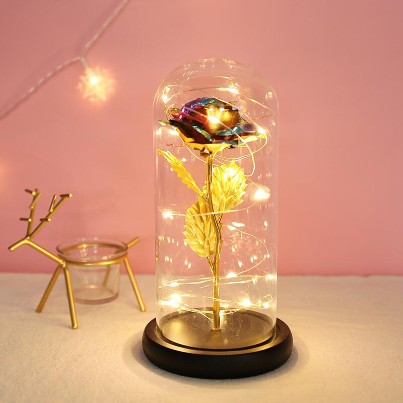 Artificial Eternal Rose LED Light Beauty The Beast Rose Flower In Glass Dome Wooden Base For Decorate Valentine's Day: XOI1075B