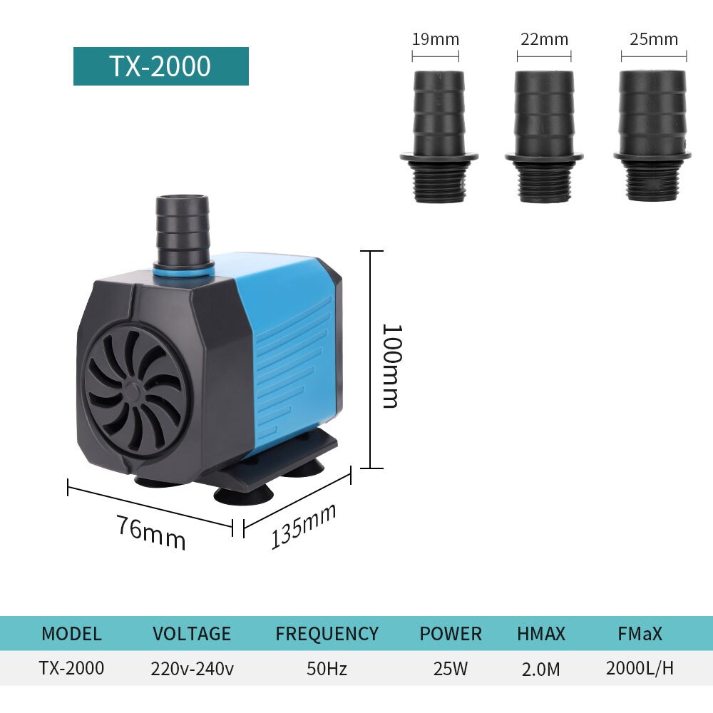 Pompe à eau Submersible 1000-4000L/H, fontaine d'eau de poisson multifonctionnelle Ultra silencieuse pour Aquarium 220V 15W-80W: TX-2000 / UK PLUG