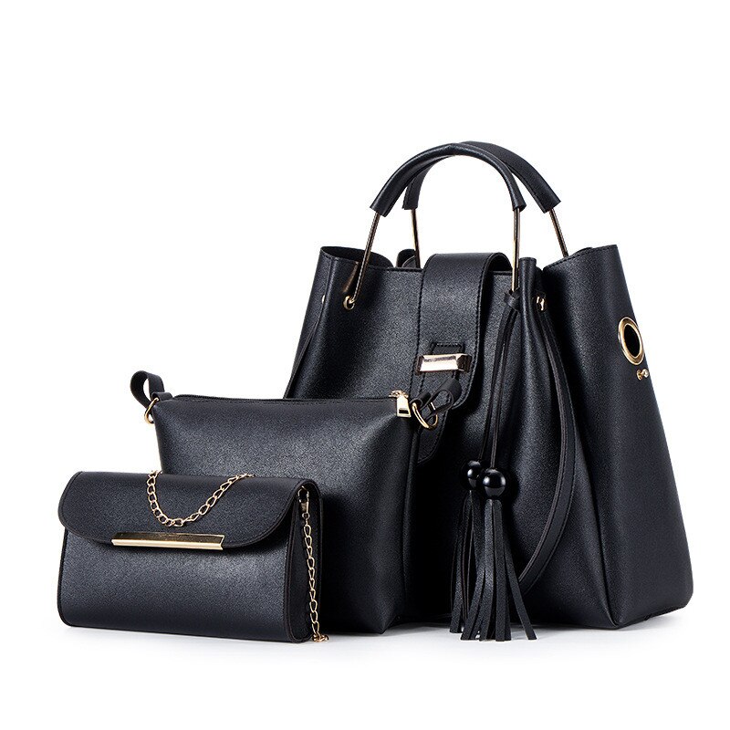 3 stuks samengestelde tassen voor dames, tassensets, pu-leren schoudertassen, handtas met kwastjes, casual tote, samengestelde koerierstas: Zwart