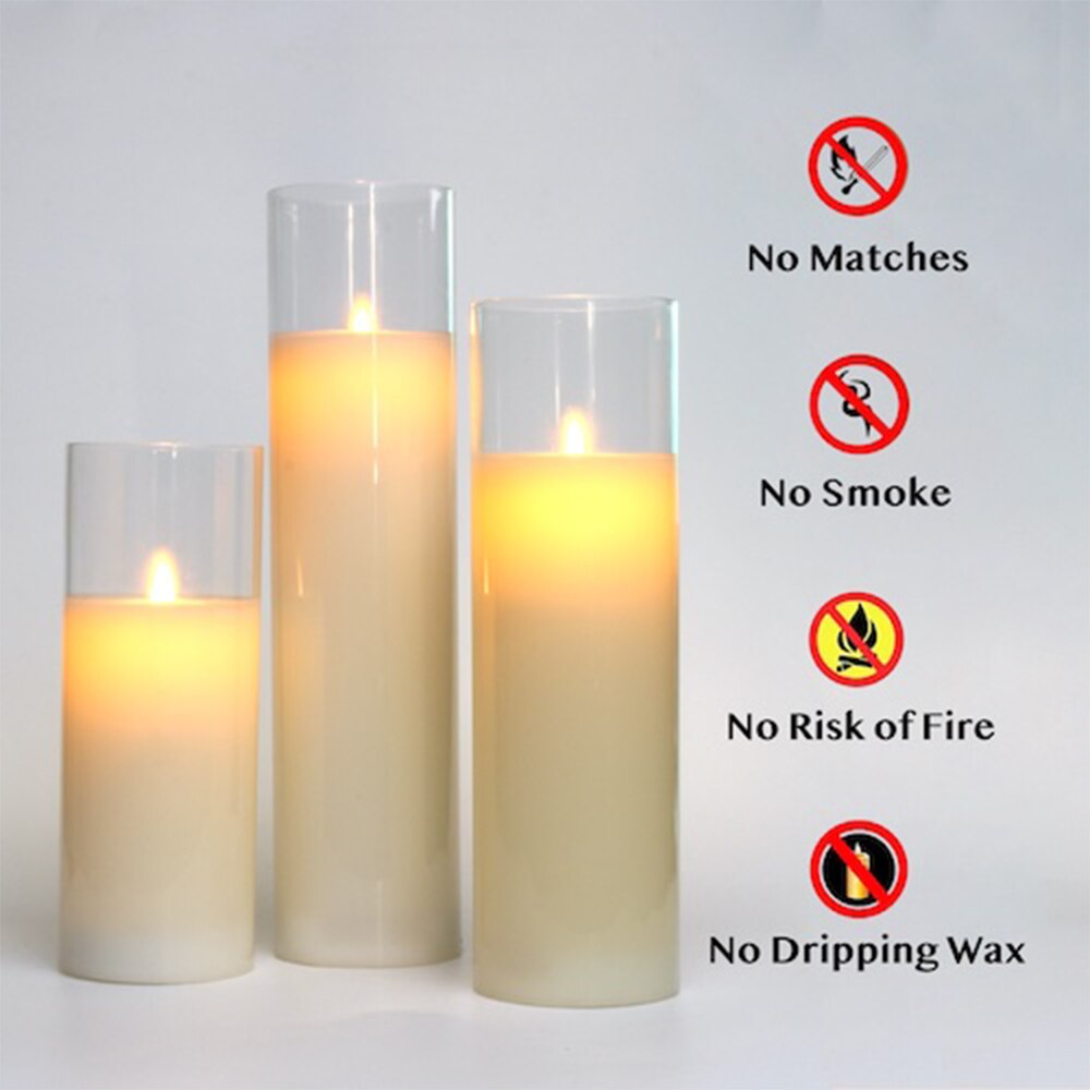 Glass Flameless Candles Set 8" 10" 12" Battery Operated Real Wax Pillars Glass LED Candles With Remote Control Cycling Timer