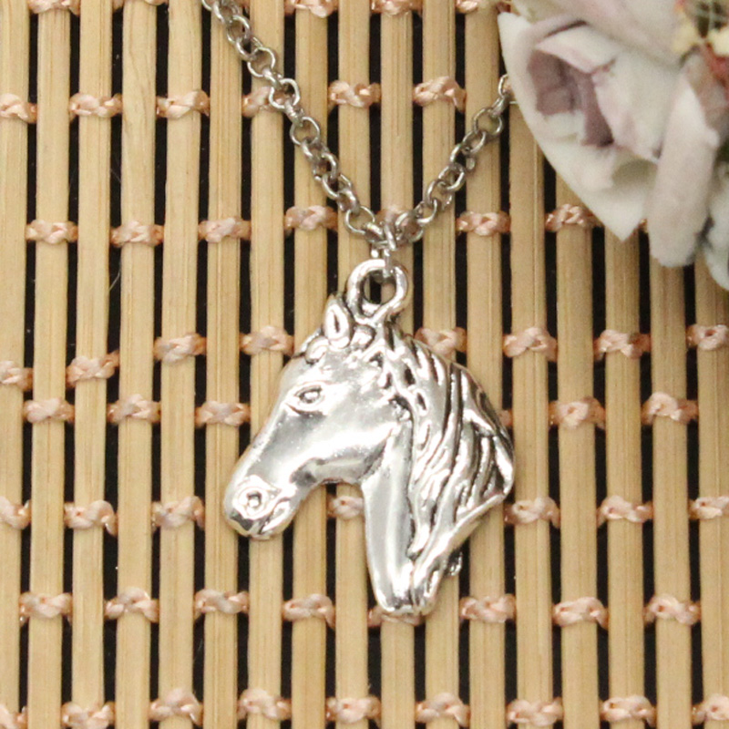 Steed Horse Head Pendants Round Cross Chain Short Long Mens Womens DIY Silver Color Necklace Jewelry: round chain / 40cm