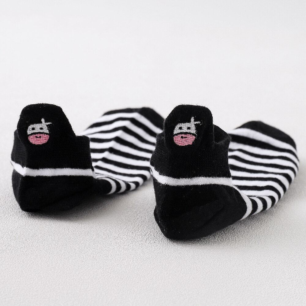 Embroidery Cow Pattern Women Socks Lovely Harajuku Japanese Style Cotton Striped Solid Breathable Casual Cartoon Ankle Sock: 04 Pinstripe