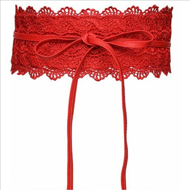Women Lady Stretch Buckle Waist Belt Wide Lace Elastic Waistband Wide Corset Lace Belt Female Wedding Dress Waist Band: Red