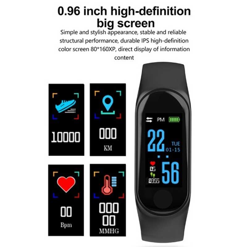 M3 plus løbende skridttæller hjertefrekvens blodtryk sundhed vandtæt fitness smart armbånd gangtælling til ios android
