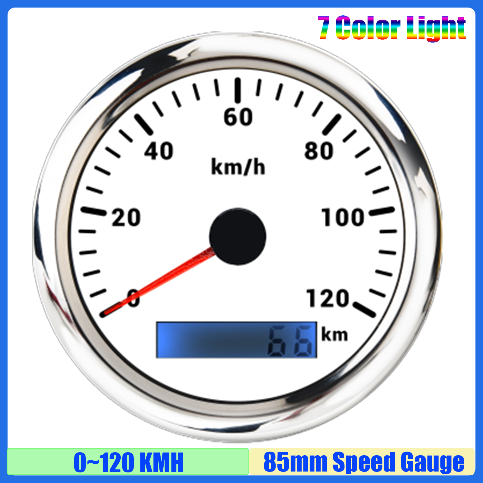 30 km/u ,60 km/u ,120 km/u ,200 km/u 85mm snelheidsmeter met 7 kleuren, analoge pulssignaal snelheidsmeter voor auto, boot, maritiem gebruik: Zilver