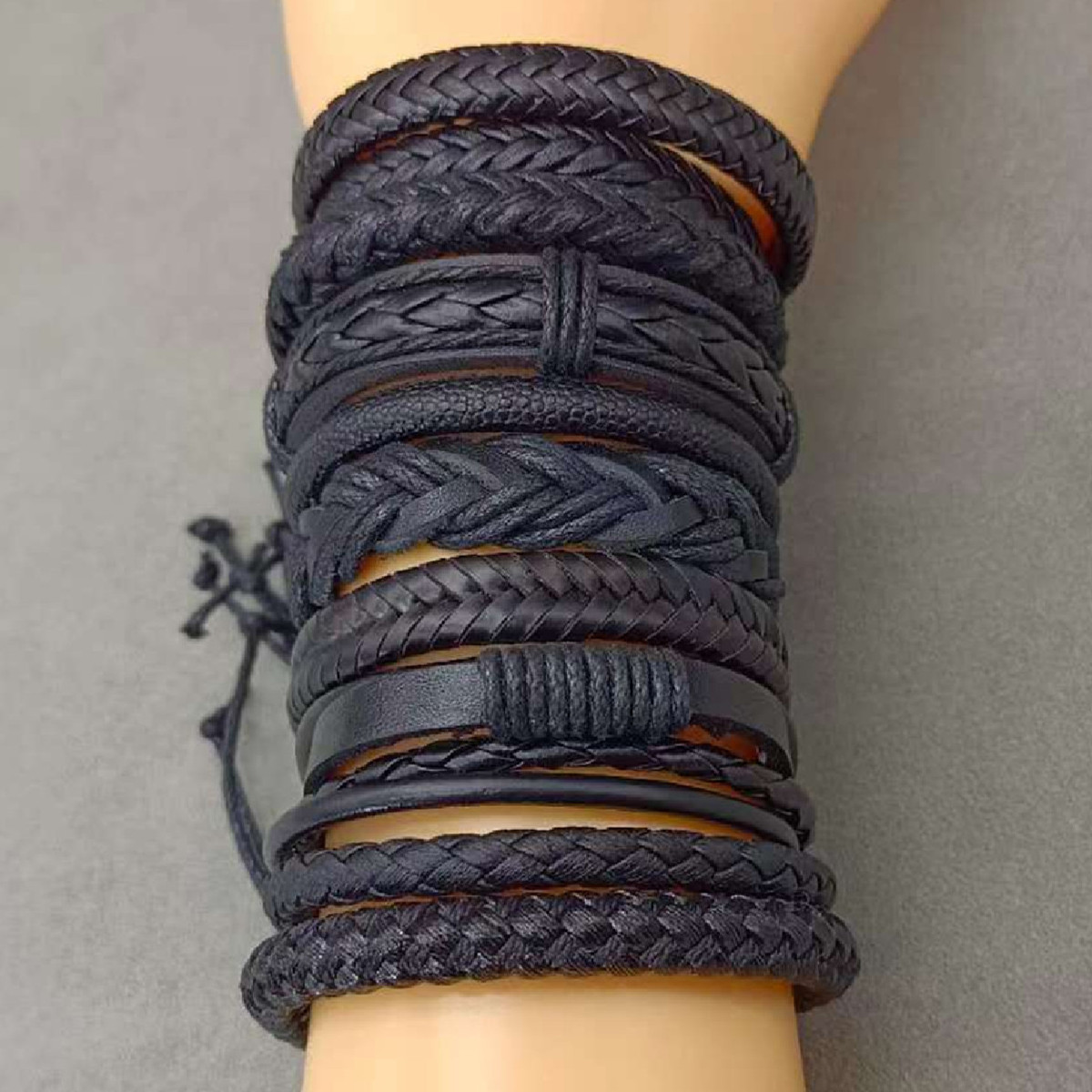 Negro hecho a mano 10 unids/set hombres pulseras hombres mujeres pulseras de cuero hombres brazalete joyería al por mayor