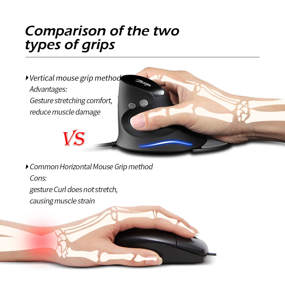 ZELOTES T-30 Wired Optical Mouse Vertical Mouse USB Wired Gaming Mouse 6 Keys Ergonomic Mice with 4 Adjustable DPI for PC Laptop