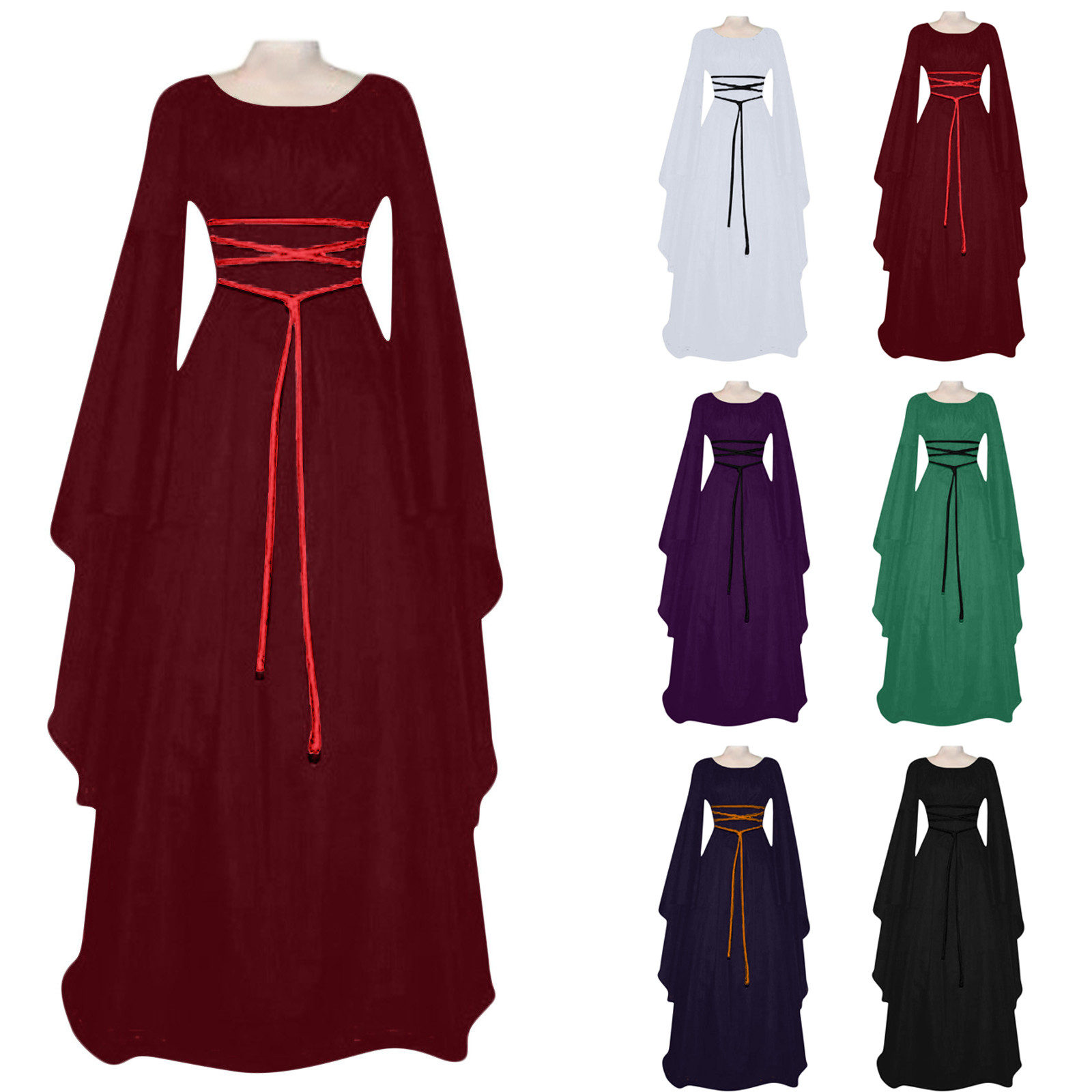 Vrouwen Middelbare Leeftijd Vintage Kostuums Sexy Lange Mouw Veters Middeleeuwse Gotische Vloer Lengte Jurken Cosplay Retro Lange Maxi Jurk