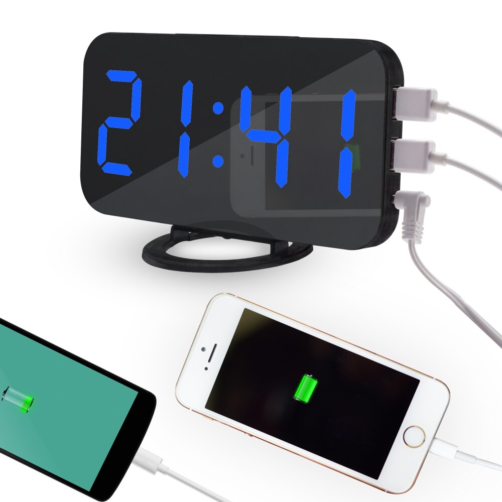 Digital led despertador snooze display tempo noite mesa de led 2 portas carregador usb para iphone android telefone alarme espel: Svartblå ord