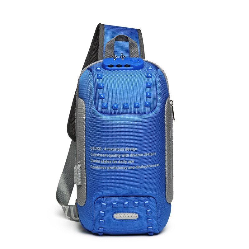 Brand Sling Waterproof Rivet Men Chest Bags Anti Theft Password Lock USB Charging Port Women Shoulder Bag Reflective: Blue